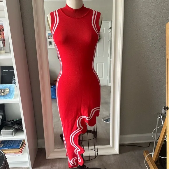 PH5 Red Sleeveless Asymmetric Ruffle Dress with White Trim - Picture 3 of 5